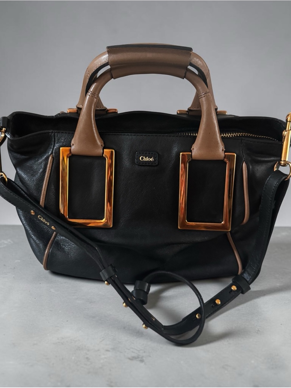Chloe Black Leather Satchel with Taupe Handles and Gold Hardware